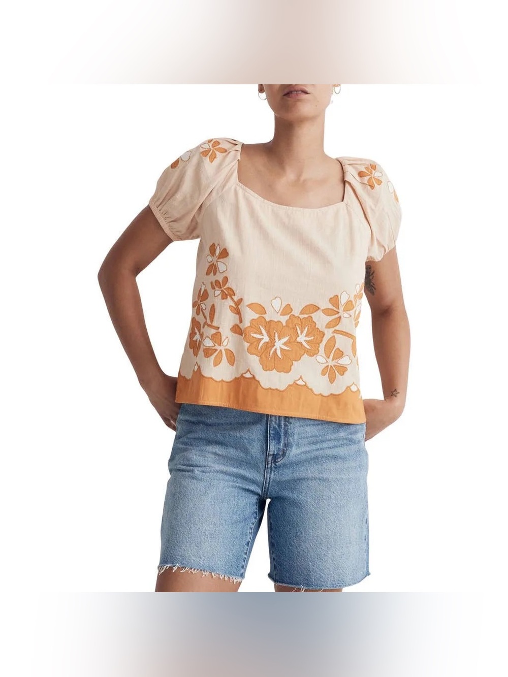 NWT Madewell Embroidered Lace Up Back Top Puff Sleeves Orange Peach Floral - Picture 2 of 7